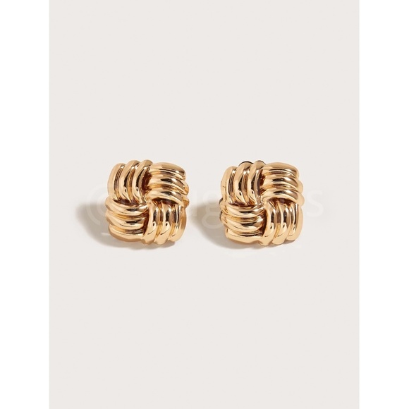 Yellow Gold Tone Stud Knot Earrings Old Money Style - Picture 3 of 6